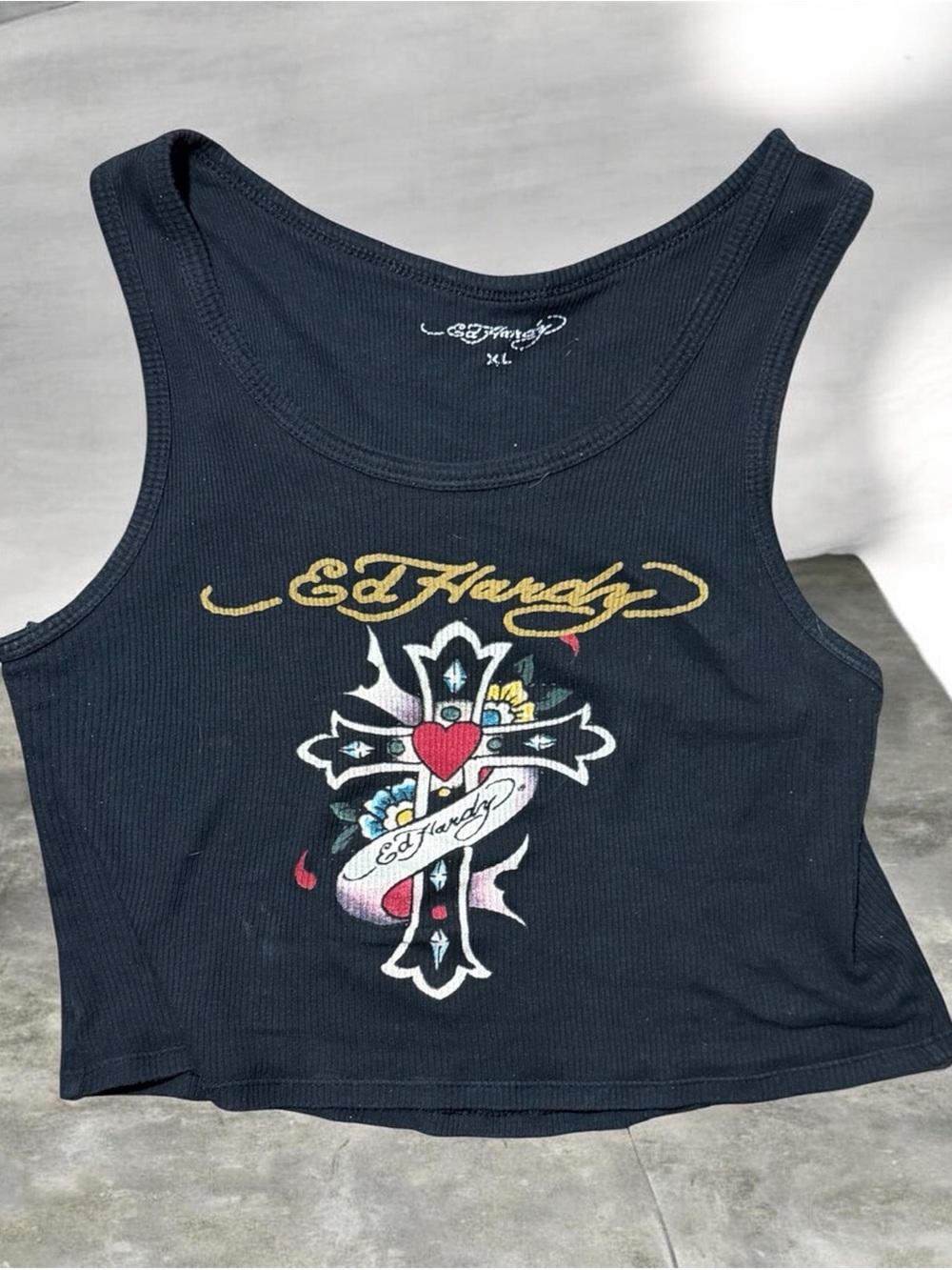 Ed Hardy Black Tank with Gold Logo and Cross Heart Graphic